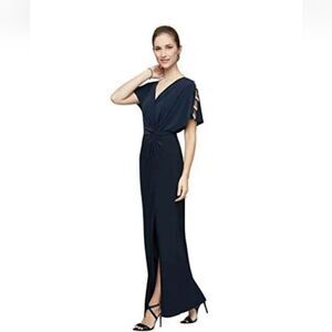 Long Knot Front Jersey Dress with Front Slit & Embellished Sleeve Cutouts NWT